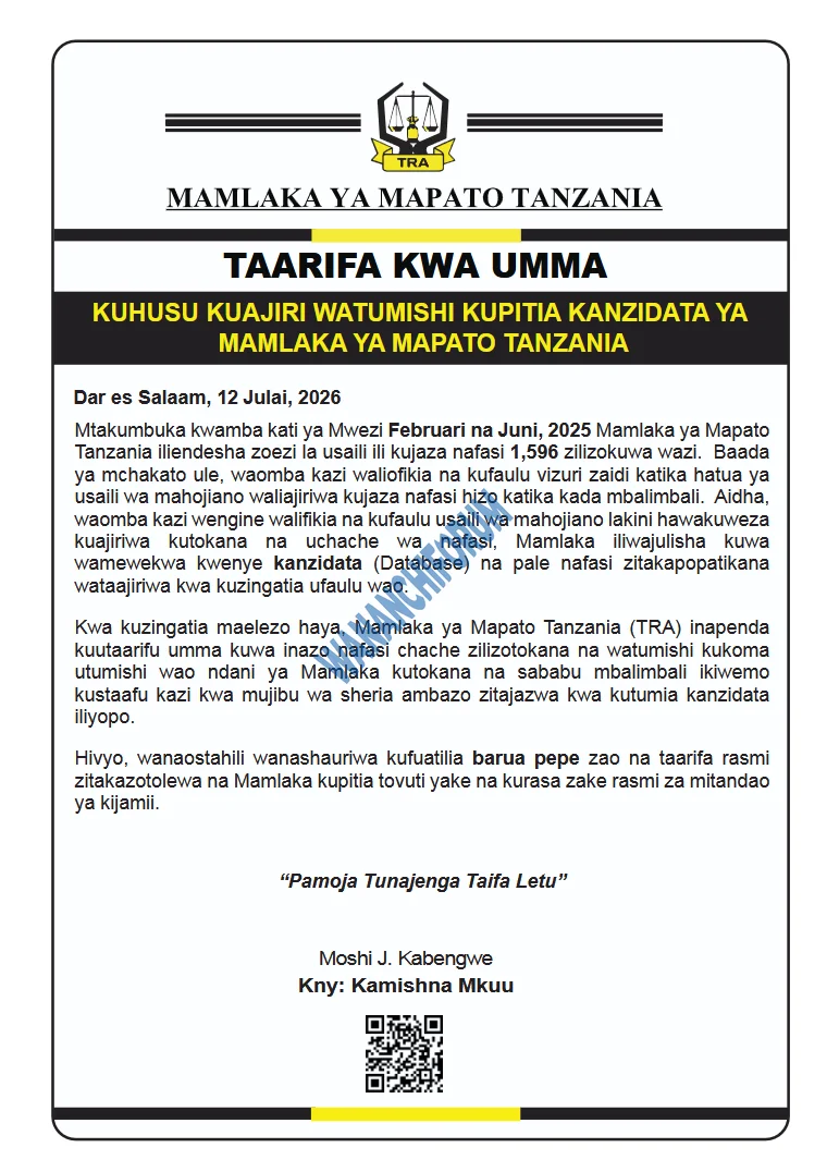 TRA: KUHUSU KUAJIRI WATUMISHI KUPITIA KANZIDATA YA MAMLAKA YA MAPATO TANZANIA